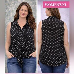 Dolled up Black Polka Dot Tie-Front Sleeveless Shirt XL